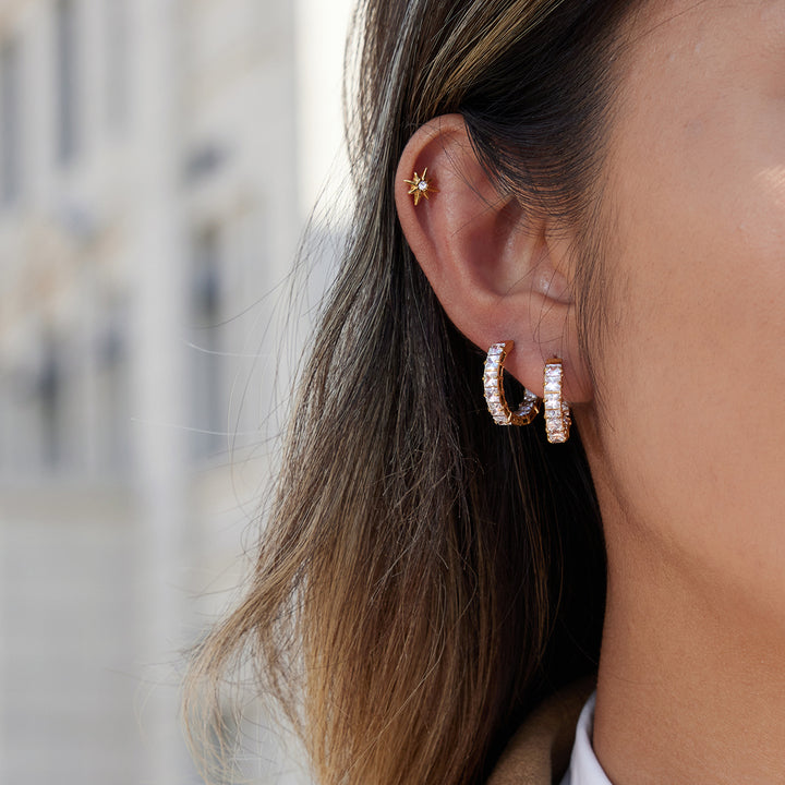 J&D Classic CZ Hoop Earring 18K Gold Stainless Steel Trendy White Cubic Zirconia Inlay Earrings