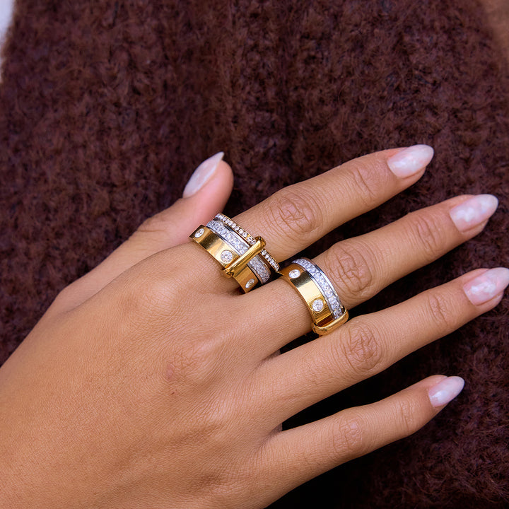 J&D 18K Gold Plate Stainless Steel Rings Classic Two Tone White Rhinestone Multi-ring Stacking Ring