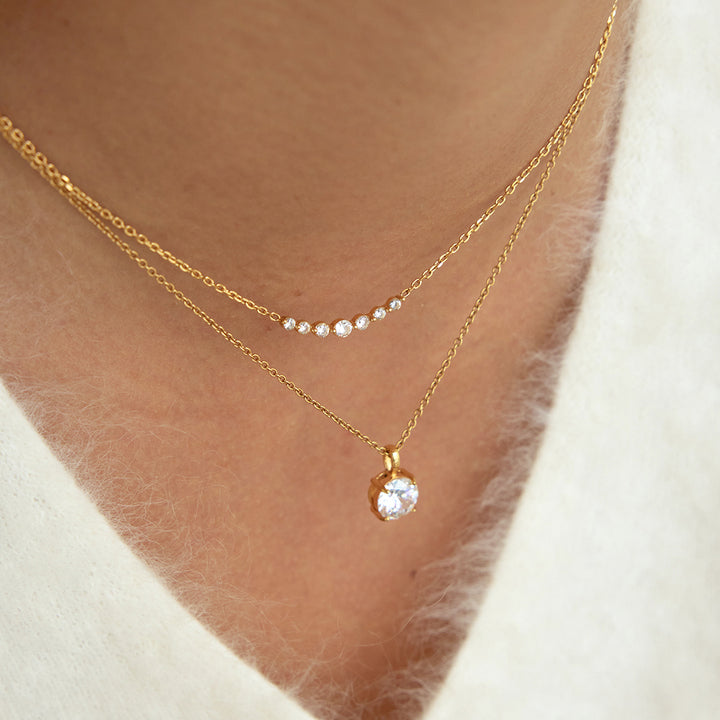 J&D CZ Stone Layered Necklace Stainless Steel Gold Tone Dainty Minimalist Setting Polishing Trendy Gift Daily Wear Party Women
