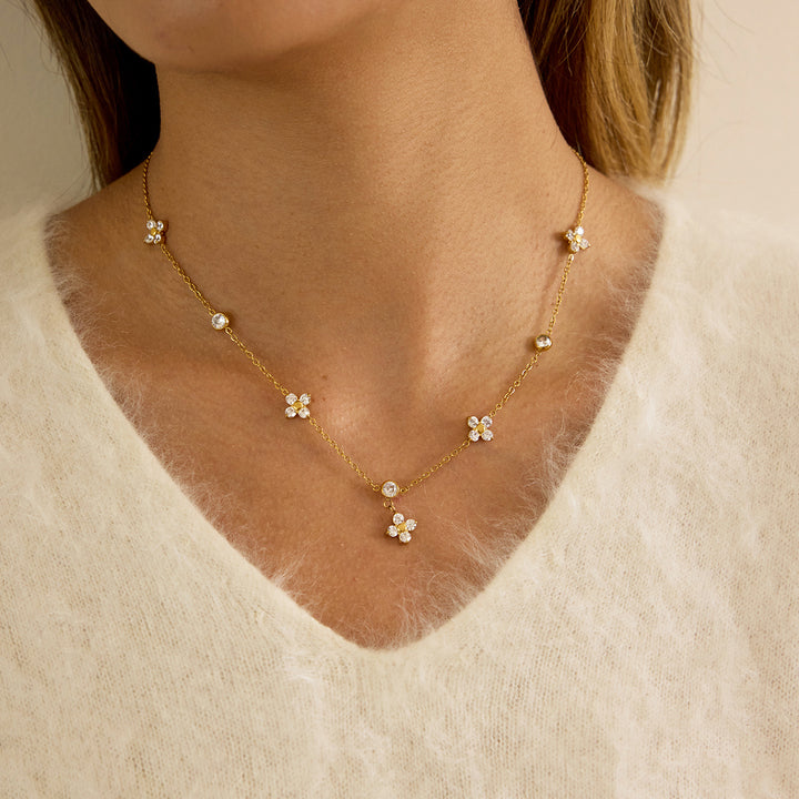 J&D 18K PVD Gold Plate Stainless Steel Necklace Trendy Classic White Zircon Four-leaf Clover Necklace