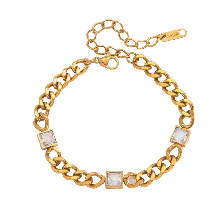 J&D Luxury 18K Gold Stainless Steel Bracelet Square Zirconia Cuban Link Chain Sweatproof PVD Plated Sporty Trendy Jewelry