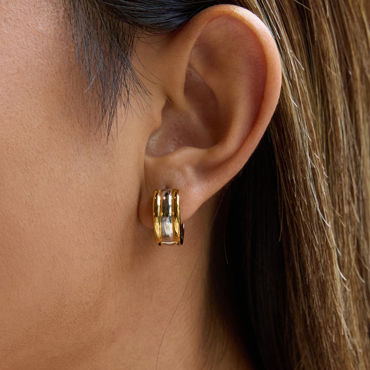 J&D Fashion Two Tone Hoop Earring 18K Gold Plated Stainless Steel Gold and Silver Two Tone Wide Three Layered Earrings