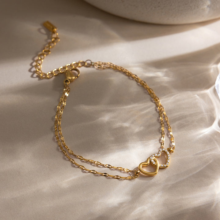 JD Romantic Open Heart Double Loop Bracelet for Women 18K Gold Plated with White CZ Crystals Dainty Valentine Gift Jewelry