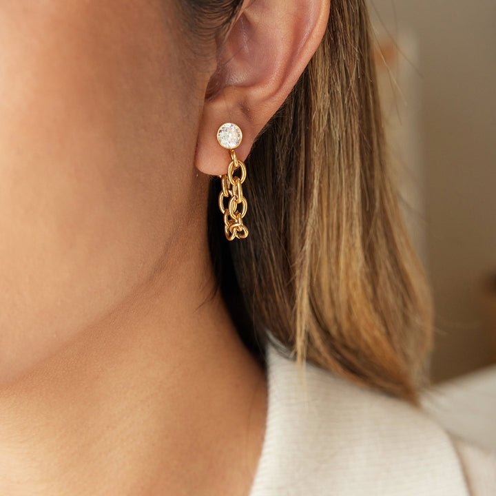 J&D Minimalist Tassel CZ Earring 18K Gold Plated Stainless Steel Fashion Classic White Zircon Rough Chain Tassel Earrings