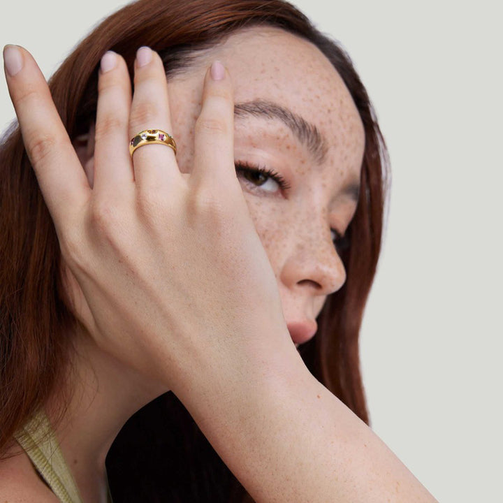 J&D New Trendy 18k Gold Plated Stainless Steel Jewelry Wide Chunky Colorful Cubic Zircon Stone Ring