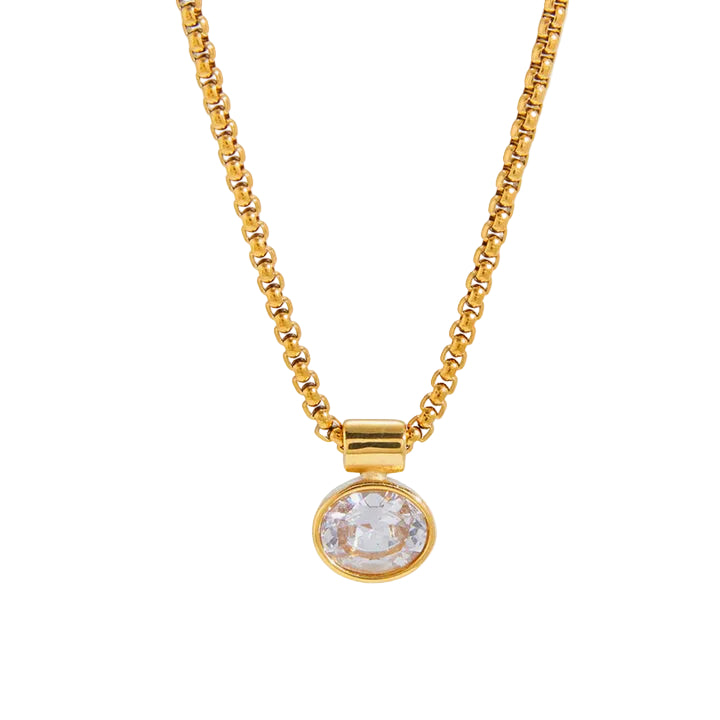 J&D Minimalist Oval White CZ Pendant Necklace Stainless Steel 18K Gold Plated Box Chain Classic Jewelry Gift for Women