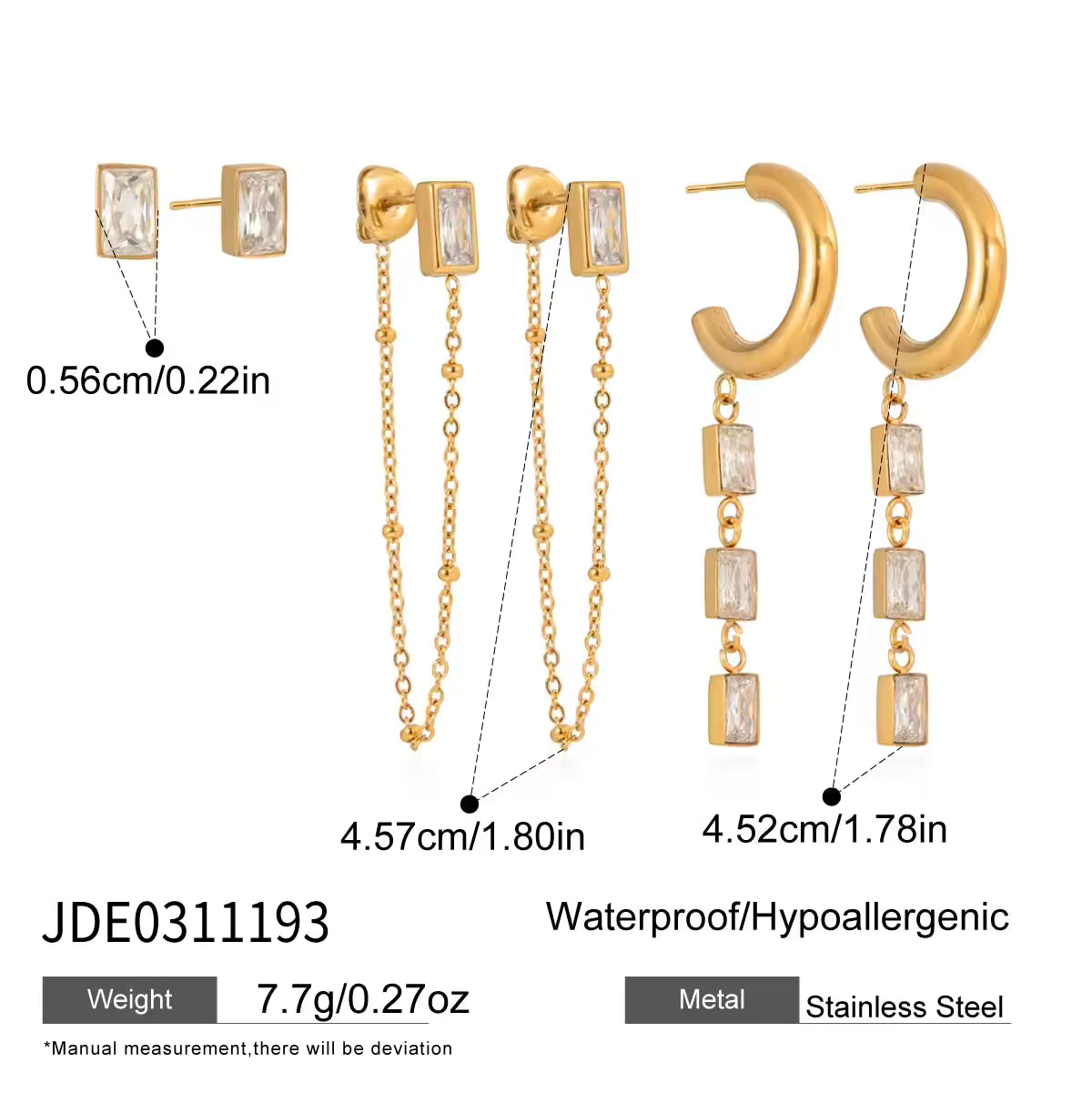 Elegant Tassel Earring 18K Gold Stainless Steel Fashion Delicate Square Water Drop Rhinestone Tassel Earring Set