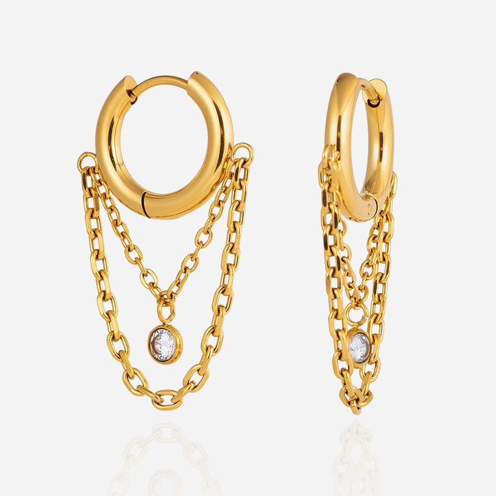 J&D Elegant Zircon Chain Tassel Earring 18K Gold Stainless Steel Trendy Delicate White Round Zircon Tassel Earrings