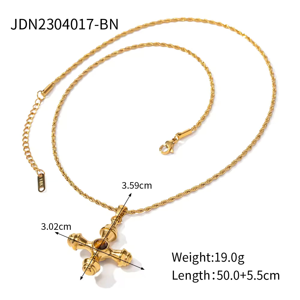 Jewelry Natural Agate Stone Cross Earring Necklace 18K PVD Gold Plated Blingbling CZ Earring Necklace Set