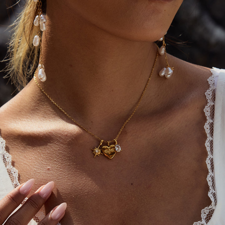 J&D 18K PVD Gold Plate Stainless Steel Necklace Love MOM White Zircon Star Heart Pendant Necklace