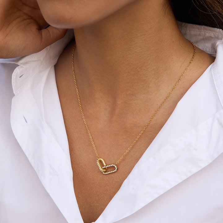 J&D 18K Gold Plate Stainless Steel Necklace Classic Zircon Oval Geometric Interlocking Pendant Necklace