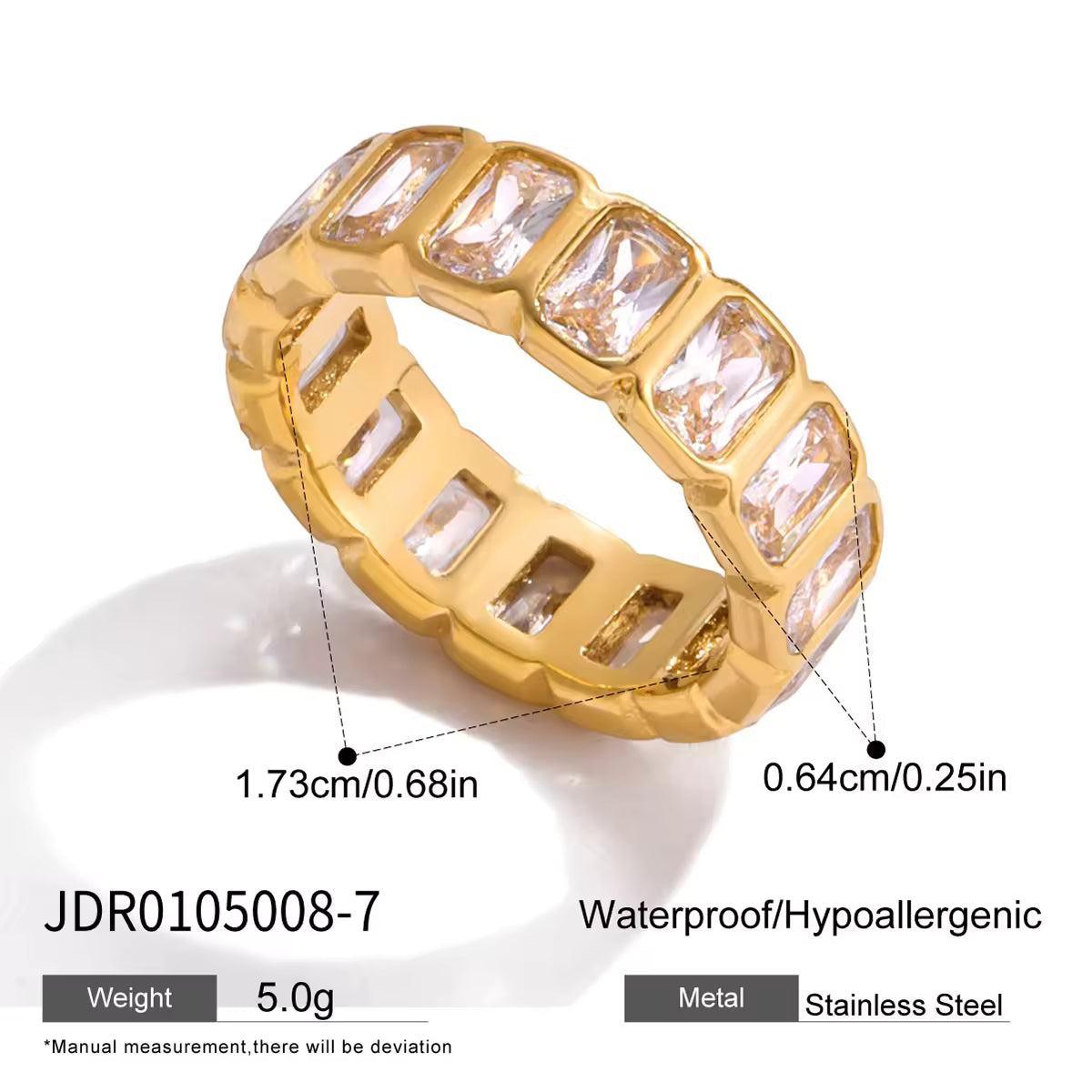 18K Gold PVD Stainless Steel Ring Rectangle Multi Color Zirconia Inlaid Tarnish Free Baguette Cut Luxury Female Jewelry