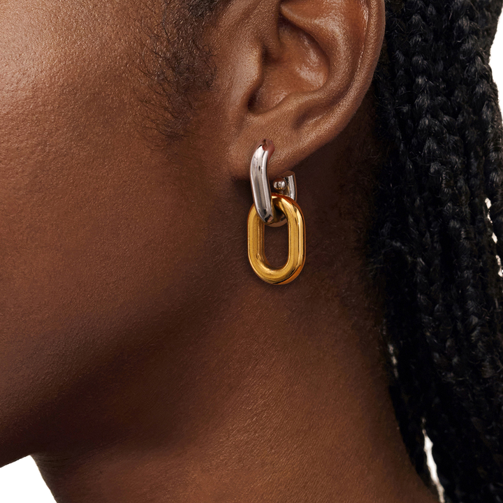 J&D 18k Gold Silver Stainless Steel Retro Knocker Earrings Contemporary Vintage Style Two Tone Chain Hoop with Geometric Pattern