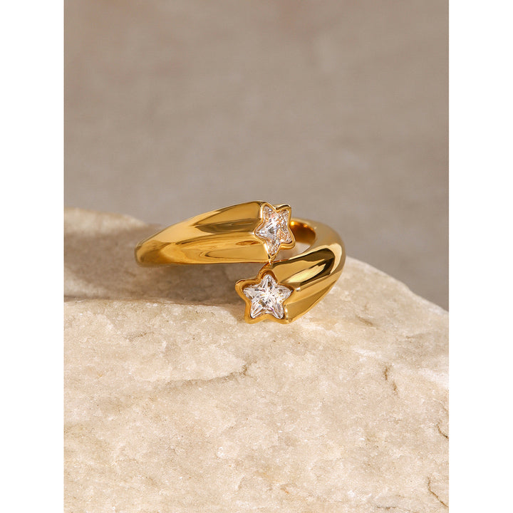 J&D Women Elegant Jewelry 18K Gold Plated Stainless Steel Asymmetrical Open Five-point Star Zircon Ring