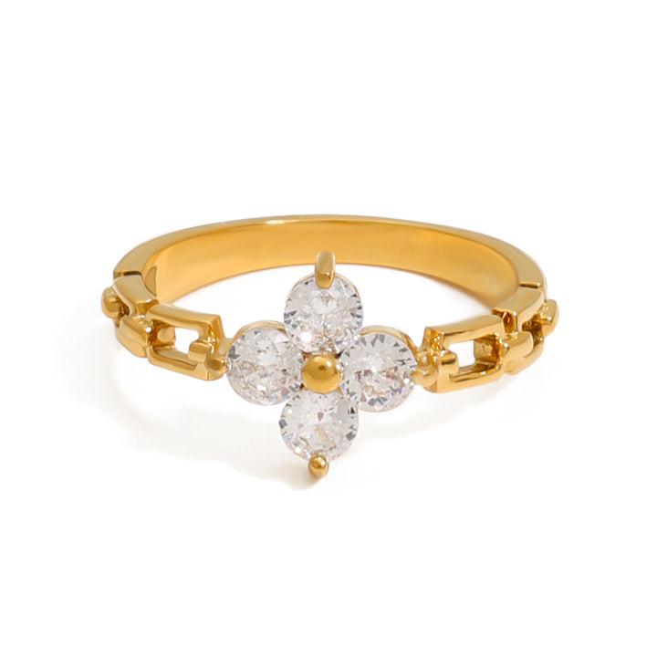 J&D Modern Luxury 18K Gold Stainless Steel Lucky Leaf Clover Zircon Watch Rings for Women