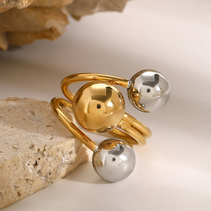 J&D Minimalist 18k Gold Stainless Steel Two Tone Mixed Color Three Layer Line Steel Ball Open Rings