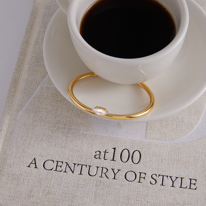 J&D 18K PVD Gold Plate Stainless Steel Bracelet Trendy Classic Horse Eye White Zircon Open Cuff Bangle