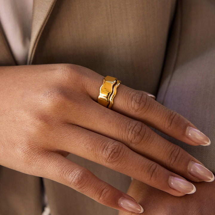 J&D 18K Stainless Steel Bezel Setting Minimalist Wave Ring Set-Pair of Gold Adjustable Open Bands