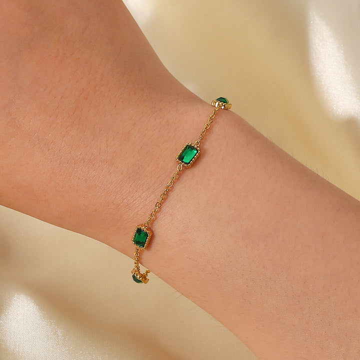 14K Gold Plated Stainless Steel Fine Chain Cubic Zirconia Jewelry Mulit Green Rectangle Bracelet