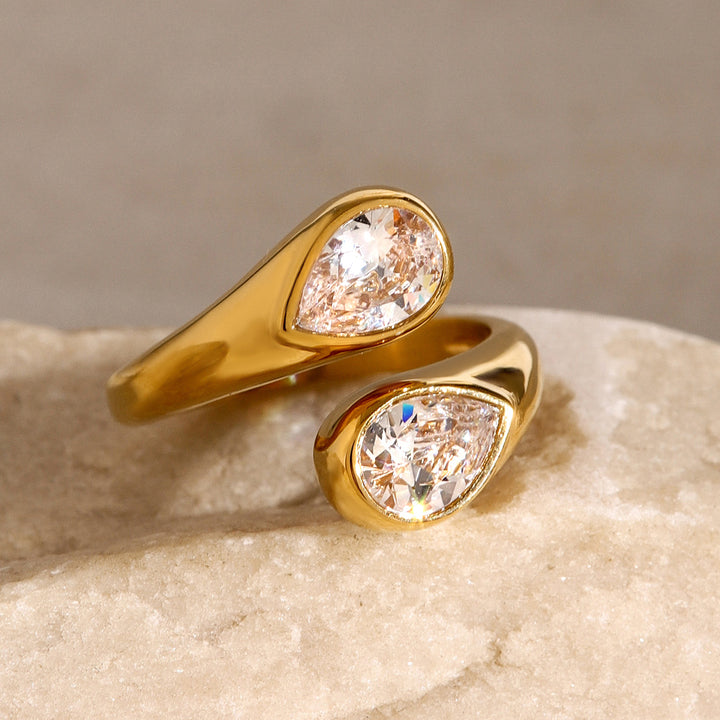 J&D Dainty Luxury Stainless Steel Women Jewelry Rings 18K Gold Asymmetric Water Drop Zircon Open Rings
