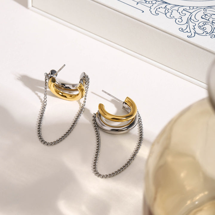 J&D Modern Minimalist Chain Jewelry 18K Gold Plated Two Tone Stainless Steel Earring Tassel Earrings