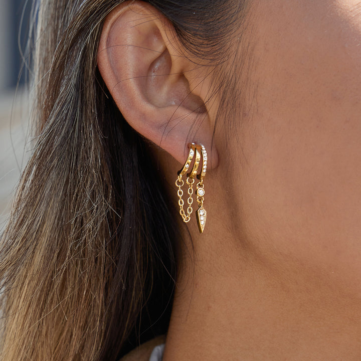 J&D Delicate Tassel Earring 18K Gold Stainless Steel Crystal Three Layer Hollow CC Chain Tassel Cone Shaped Earrings