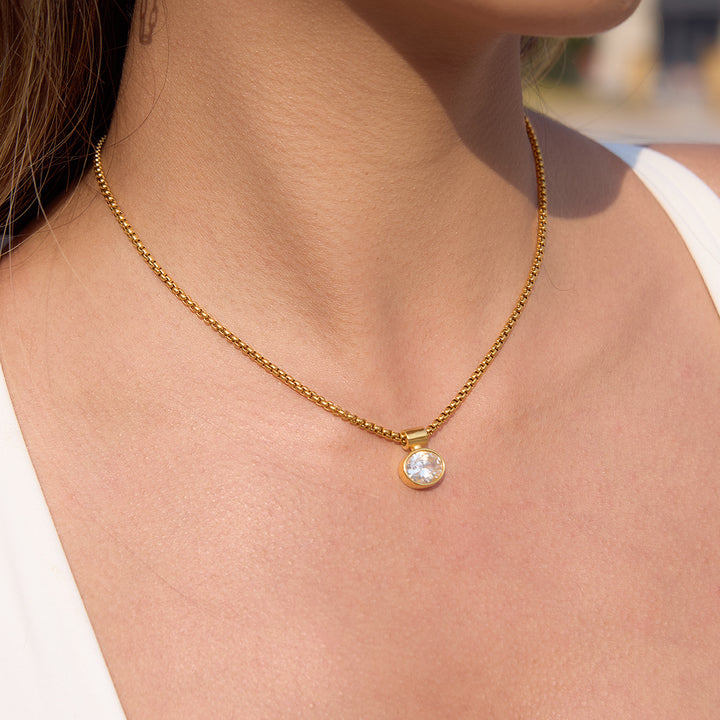 J&D Minimalist Oval White CZ Pendant Necklace Stainless Steel 18K Gold Plated Box Chain Classic Jewelry Gift for Women