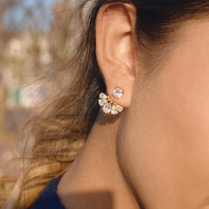 J&D Classic Elegant Water Drop Zircon Earring 18K Gold Plated Stainless Steel Zirconia Circle Detachable Fan Jackets Earrings