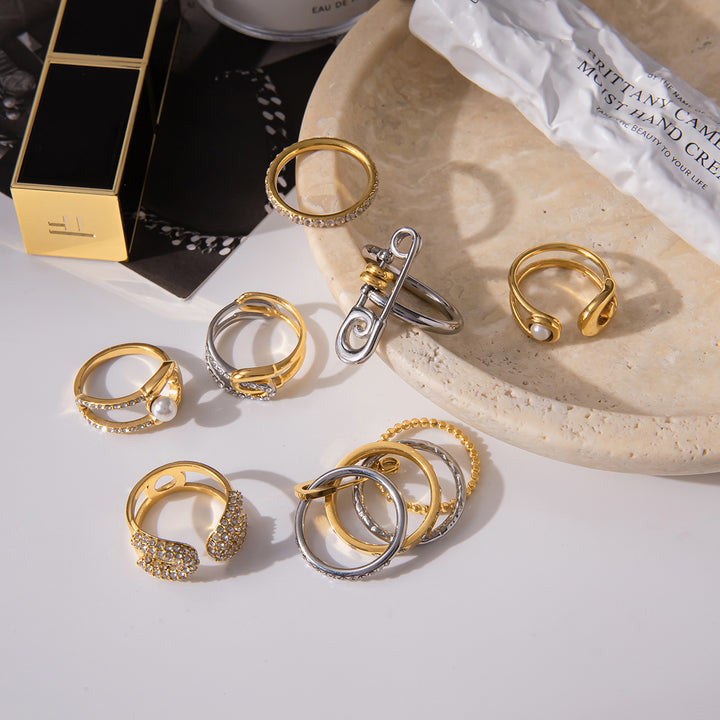 J&D Jewelry Waterproof Pin Ring Women Stainless Steel Paper Clip Two Tone Multi Hoop Finger Ring