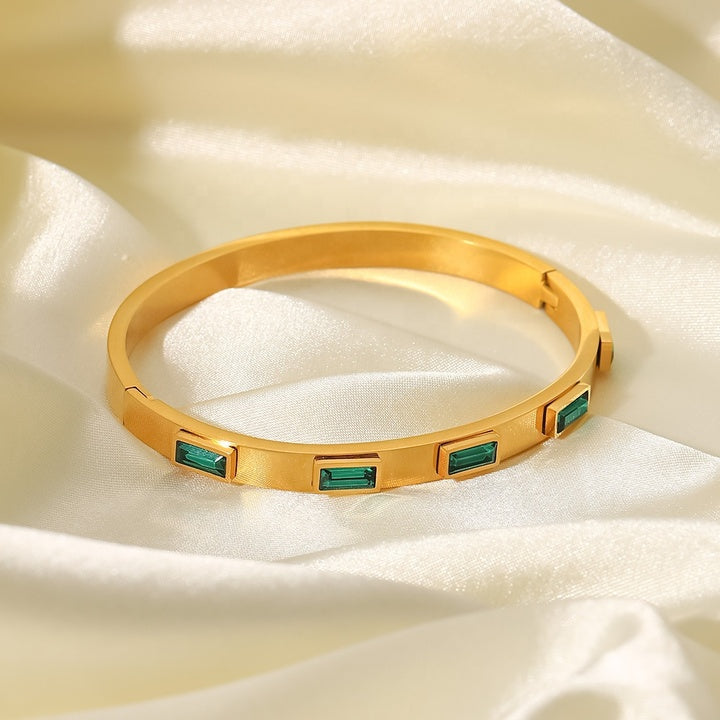 18k Gold Plated Green Cubic Zirconia Bezel Setting Dainty Stainless Steel Bangles for Women As Gift