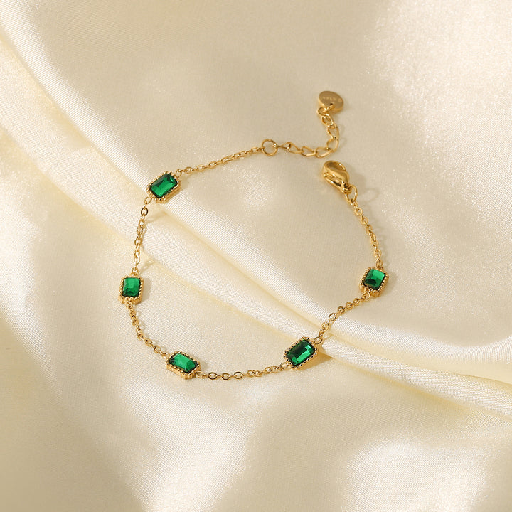 14K Gold Plated Stainless Steel Fine Chain Cubic Zirconia Jewelry Mulit Green Rectangle Bracelet