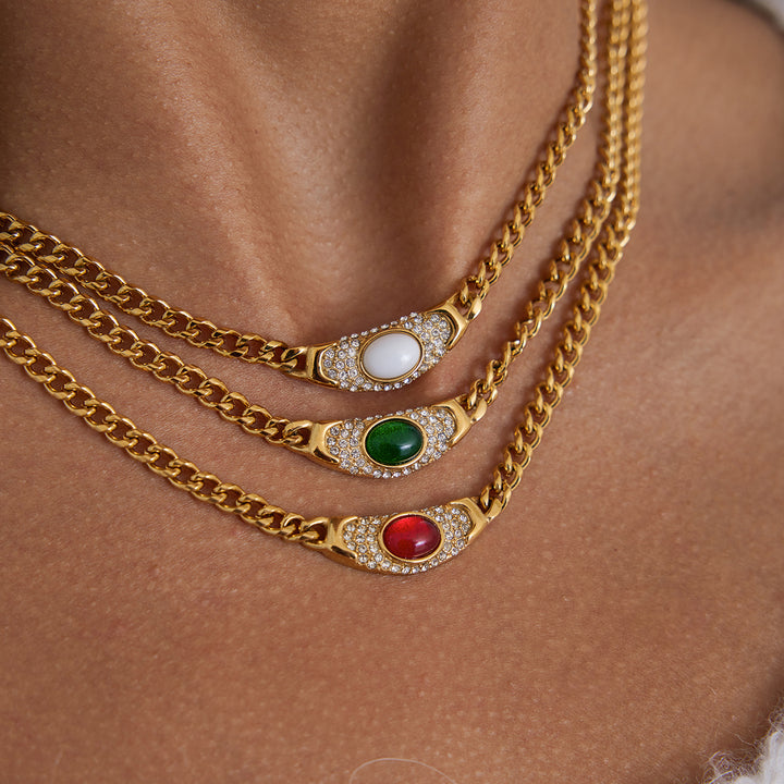 J&D Vintage Autumn Winter 18K PVD Gold Plating Waterproof Jewelry Stainless Steel White Pave Green Red Necklace