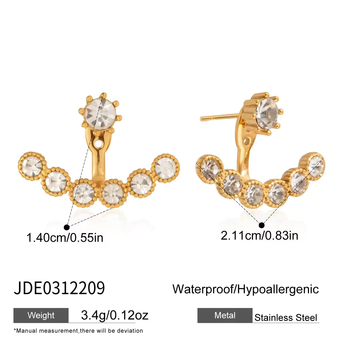 Elegant Rhinestone Jackets Earring 18K Gold Stainless Steel Fashion Delicate Fan Rhinestone Detachable Jackets Earring