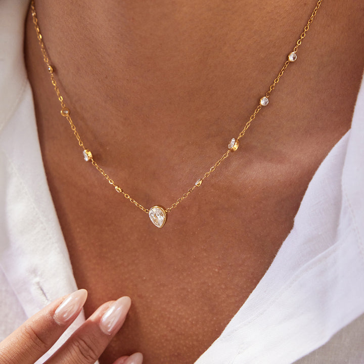J&D 18K PVD Gold Plate Stainless Steel Necklace Trendy Classic White Teardrop-shaped Zircon Necklace