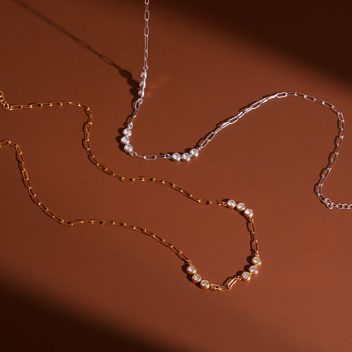 J&D 18K PVD Gold Plate Stainless Steel Chain Minimalist Classic White Cubic Zirconia Paperclip Necklace