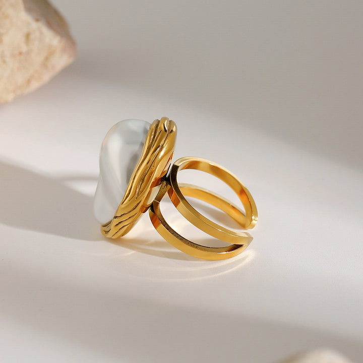 J&D Vintage Luxury Jewelry Stainless Steel 18K Gold Rings Women Handmade Big Baroque Pearl Open Rings