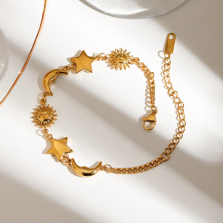 J&D Women's Fashionable Star and Sun Shaped Chain Link Bracelet Soft Material Embossing Enamel Jewelry Charm