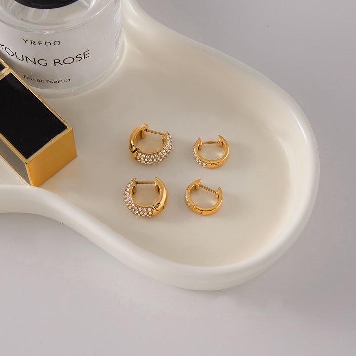 J&D Elegant Rhinestone Hoop Earring 18K Gold Stainless Steel Classic White Crystal Chunky U Shape Hoop Earrings