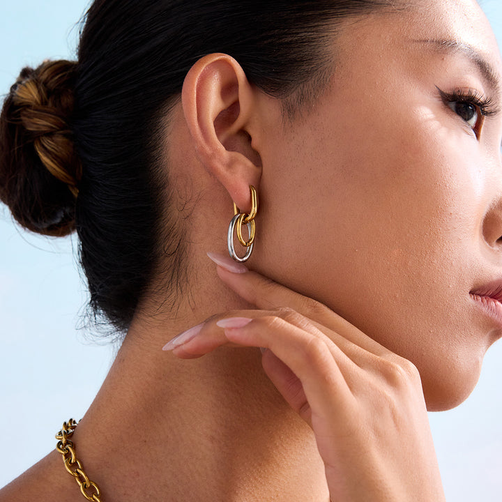 J&D Minimalist Two Tone Two Hoop Ring Dangle Earring for Women Stainless Steel Jewelry Fashion