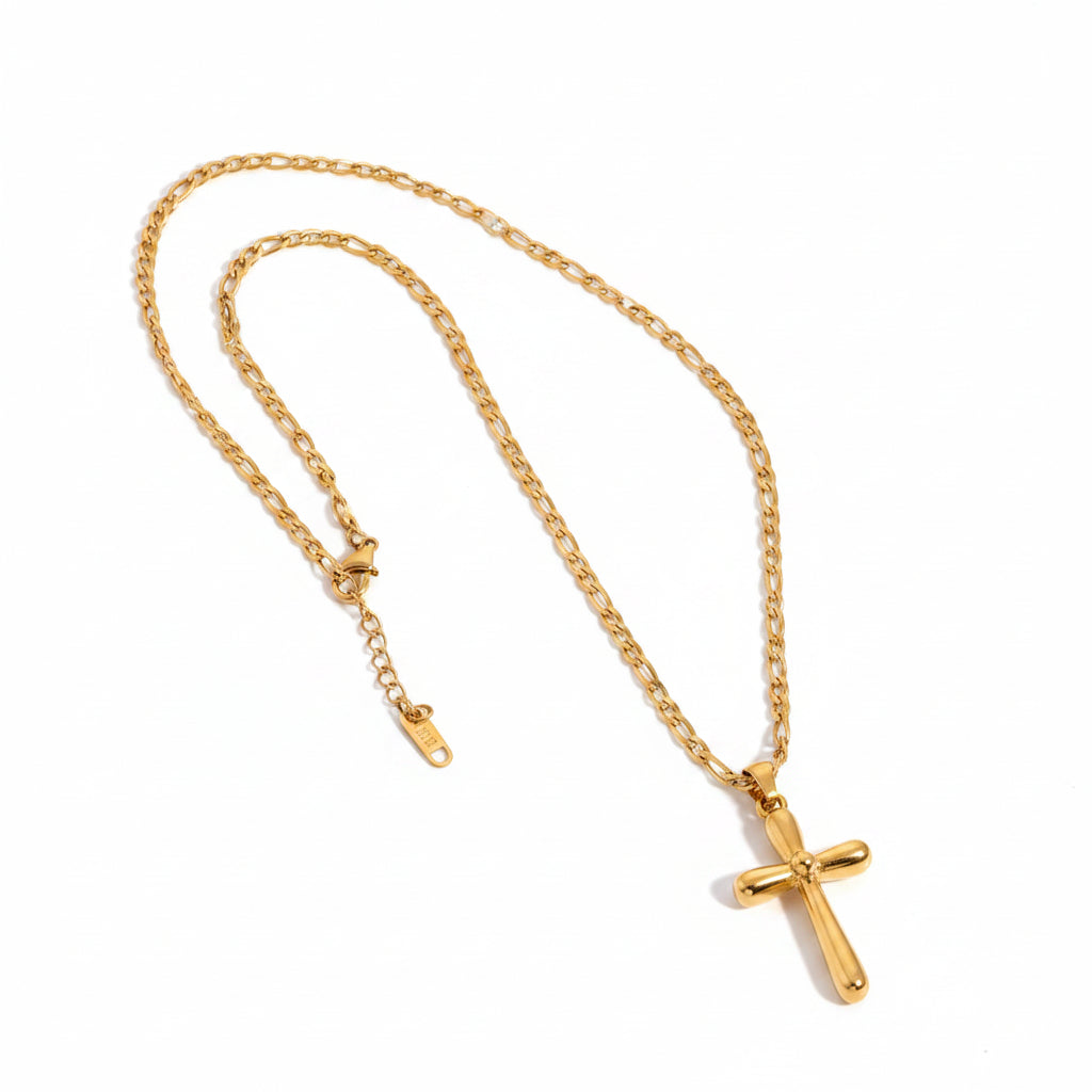 J&D 18K Gold Plated Stainless Steel Cross Necklace 50+5cm Snake Chain with Pearl Trendy Geometric Style for Gift