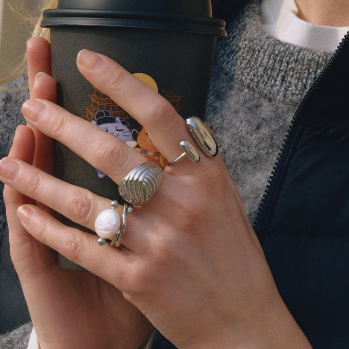J&D Modern Minimalist Elliptical Bean Ring Stainless Steel Silver Gold Two Tone Polished Elliptical Gold Bean Open Ring