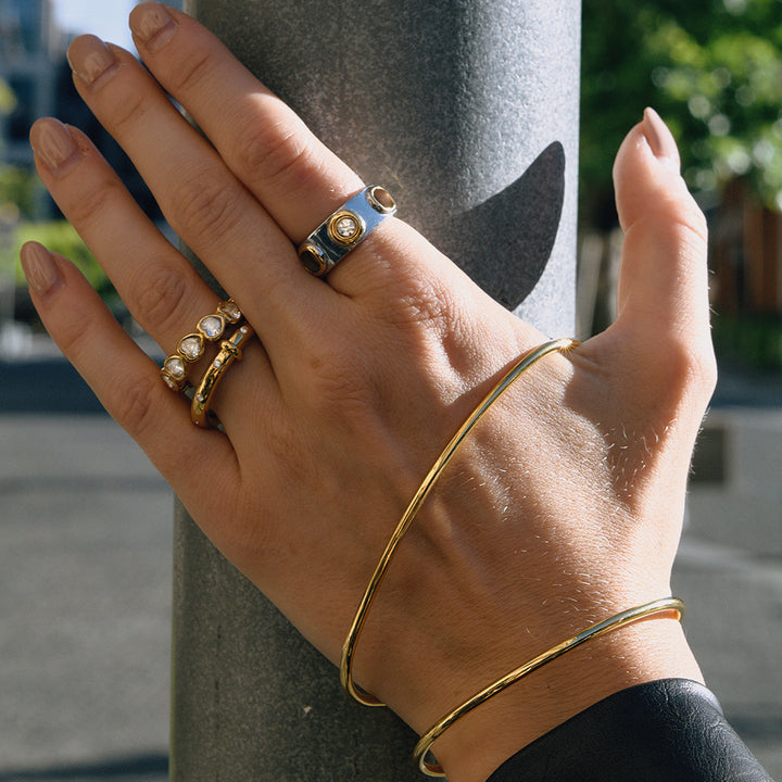 J&D Minimalist Unique Line Bangle 18K Gold Plated Stainless Steel Simple Hollow Line Asymmetric Double Band Open Cuff Bracelet
