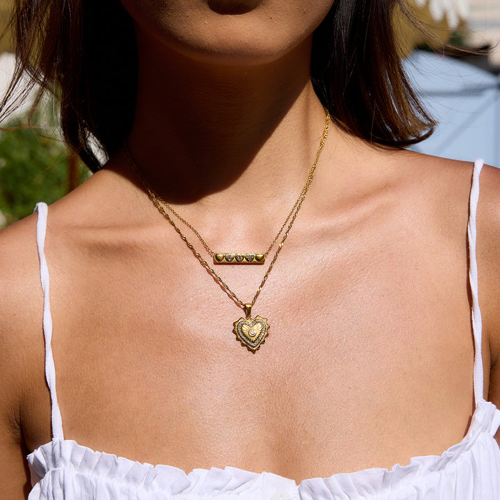 J&D Women 18K Gold Plated Stainless Steel Textured Square Pendant Necklace Ribbed Heart Accent Zircon Trendy Necklace Jewelry