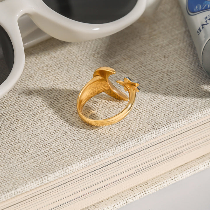 J&D Modern 18K Gold Plated Stainless Steel Ring Trendy Moon Star Two Tone Design for Daily Wear and Anniversary Occasions