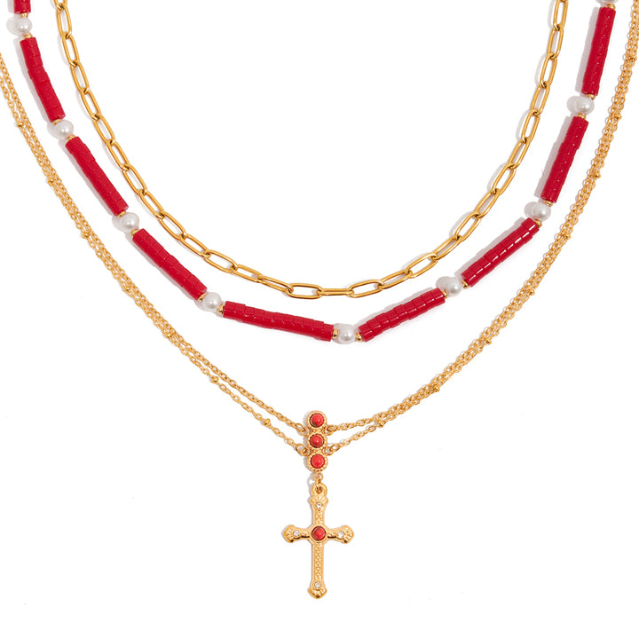 J&D18k Gold Plated Stainless Steel Red Turquoise Crystal Stone Pearl Section Cross Pendant Necklace