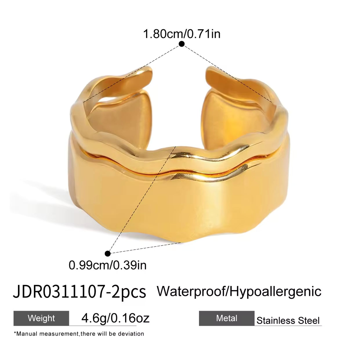 18K Stainless Steel Bezel Setting Minimalist Wave Ring Set-Pair of Gold Adjustable Open Bands