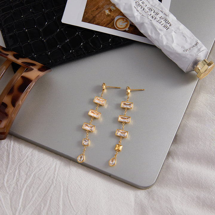 J&D Classic CZ Tassel Earring 18K Gold Plated Stainless Steel Square White Zircon Teardrop Zircon Tassel Earrings