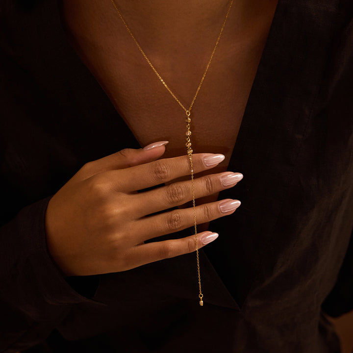 J&D 18K PVD Gold Plate Stainless Steel Necklace Waterproof Modern Minimalist White Zircon Pendant Y Chain