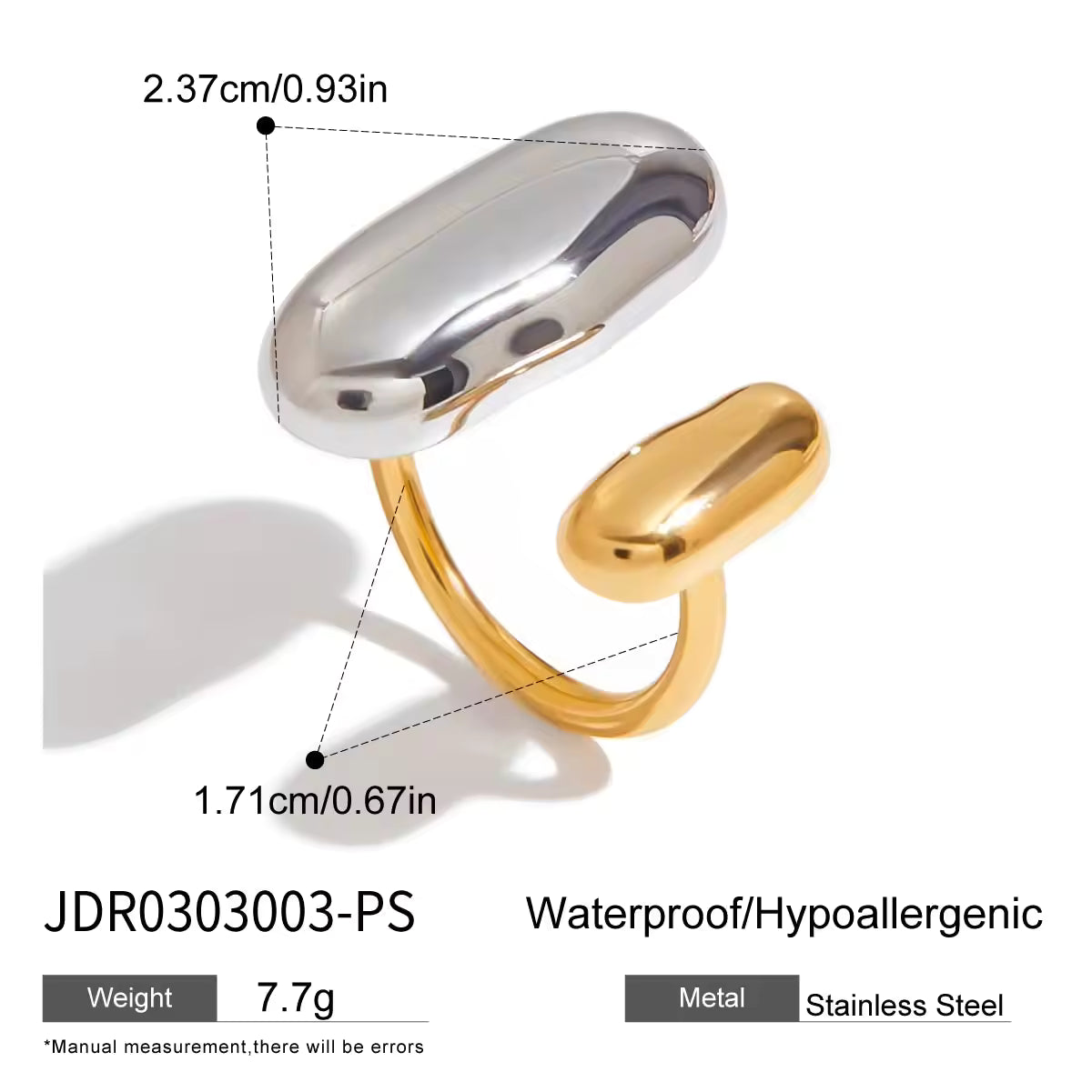 Modern Minimalist Two-Tone Oval Ring 18K Gold Stainless Steel Adjustable Beaded Stackable Jewelry Minimalist Gift for Women