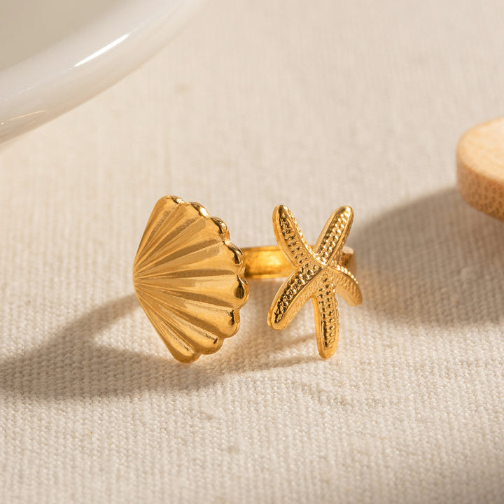 Ins Ocean Style Stainless Steel 18K PVD Plated Shell and Starfish Rings Tarnish Free Rings for Girls